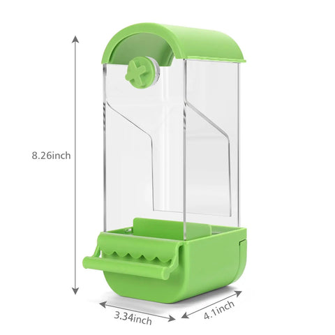 No Fuss Acrylic Automatic Bird Feeder With Sturdy Perch For Cage, clear design with green lid and base, dimensions shown.