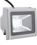 Onythral RGB LED Flood Light for Garden Lighting Remote Control in silver, angled view showing lens and wiring.