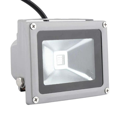 Onythral RGB LED Flood Light for Garden Lighting Remote Control in silver, angled view showing lens and wiring.