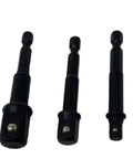 Impact Driver Socket Adapters 3 Piece Set With 1/4 Hex Shank To 1/4 Drive 1/4 Hex Shank To 3/8 Drive And 1/4 Hex Shank To 1/2 Drive