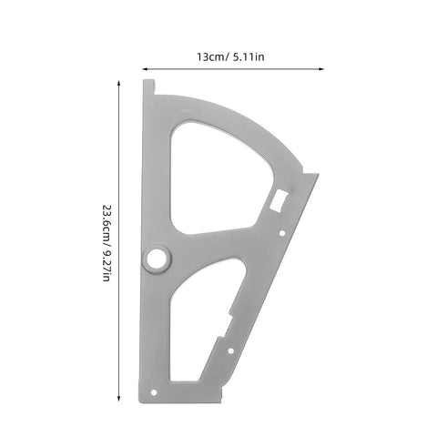 Stainless steel cabinet hinge plate for drawers, flat front view with curved cutouts, 13 cm wide by 23.6 cm tall