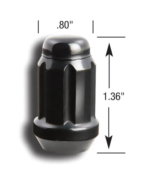 Small Diameter Acorn Lug Nut Kit Black 5 Lug 12mm X 1.50 Thread Size Pack of 20 Chrome Vanadium Steel close-up with measurements