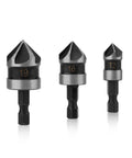 Three black countersink drill bits with hex shanks (12/16/19 mm), 5-flute, 90-degree chamfering for wood and metal