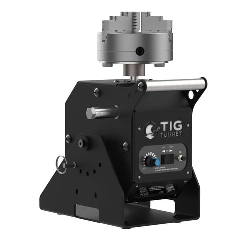 Heavy Duty Compact Rotary Welding Positioner Turntable Featuring Smooth As Butter Stepless Rotation Foot Pedal Control And Rock Solid Adjustable Head For Killer TIG Builds with control panel and black metal base