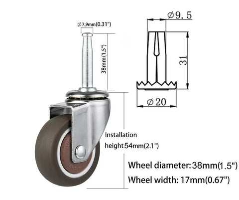 Rubber Caster Wheel Set Of 4 For Furniture And Trolleys, 1.5 Inch Wheels With 5/16 X 1.5 Inch Stems, diagram and dimensions included.