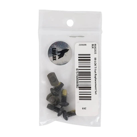 Packaging of M-LOK T-Nut Replacement Kit With Two T-Nuts And Two Lengths Of Button-Head Screws For All Hand Guards And Forends.