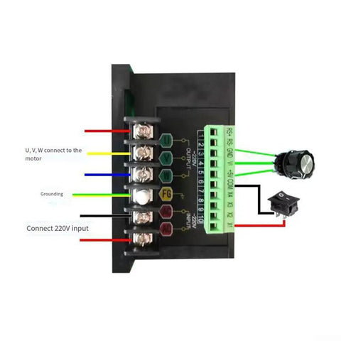 Wiring diagram for VFD Variable Frequency Drive 750W 220V 1 Phase To 3 Phase Motor Controller With Digital Display For CNC Router Engraver No Fuss RPM Control From 0 To 99Hz Overvoltage And Short Circuit Protection Easy Power Conversion.