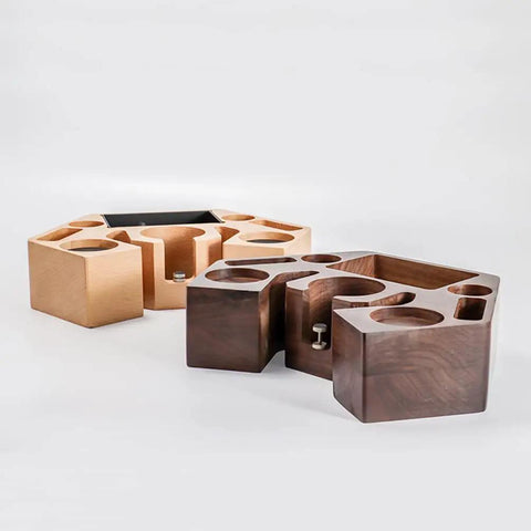 Slick Walnut Wood Espresso Tamping Station With Quick Release Knock Box And Eight Versatile Tool Slots For 58mm Portafilters Distributors And Tampers featuring wooden organizer with tool slots.