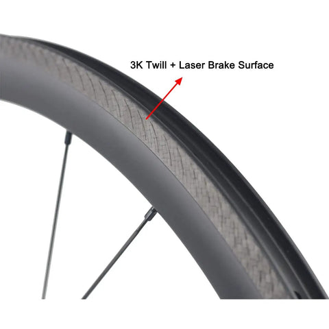 Close-up of 50mm Carbon Clincher Wheelset for 700C road bikes, showing 3K Twill and laser brake surface detail for tubeless ready design.