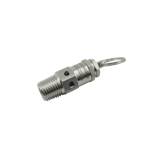 Side view of 1/4 in NPT male adjustable pressure relief safety valve, SS304 stainless steel, 30 psi set pressure.