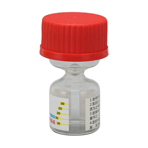 Small evaporating glass bottle with red cap for watch repair and precise lubricant application, compatible with Epilame Fixodrop Lubeta.