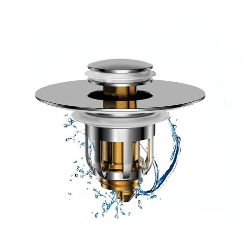 Heavy Duty Slick Universal Sink Stopper Replacement Chrome Bath Plug Bathroom Upgrade No Sweat Quick Install Fits All Standard Drains Waterproof Easy Grip with water splashes.