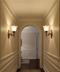 Antique Copper Wall Sconce Light European Vintage Design with Flower Glass Shade Carved Base Indoor Wall Lamp for Bedroom Living Room Hallway Bedside Decor E26/27 in a stylish hallway setting.
