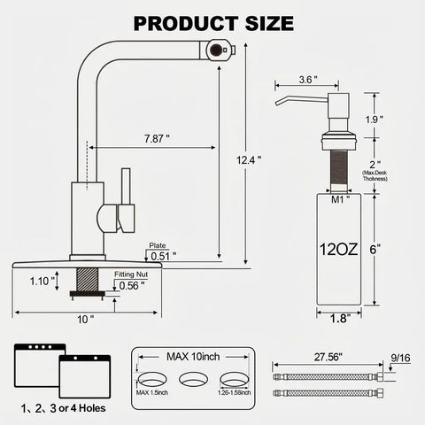 Top Tier Kitchen Sink Faucet Featuring A Smooth Pull Down Sprayer Integrated Soap Dispenser And Heavy Duty Brushed Finish dimensions diagram