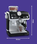 Front view of Casdon De'Longhi toy espresso machine, silver and black plastic with hopper and cup
