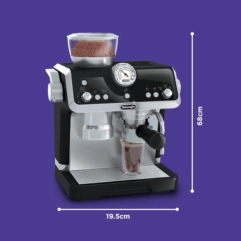 Front view of Casdon De'Longhi toy espresso machine, silver and black plastic with hopper and cup