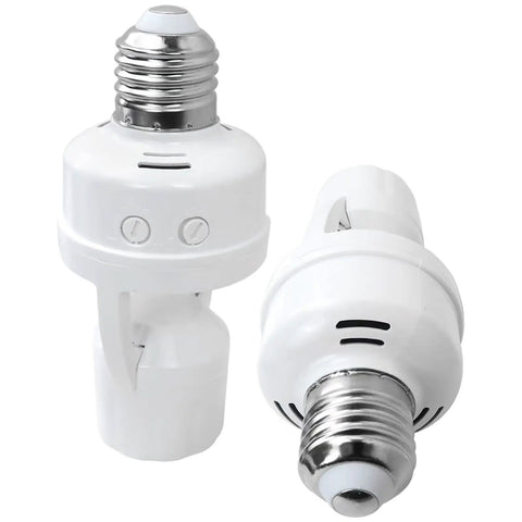 Motion Sensor Light Socket For E26 E27 Bulbs, Smart Screw In Auto On Off Night Light, No Fuss Setup For Basement Porch Storage Room, Detects Motion Up To 10 Feet, 2 Pack White, white plastic E26/E27 motion sensor socket adapters shown front and side