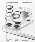Exploded view of Mirror Camera Lens Protector for iPhone 17 Pro Max 6.9 Inch, depicting layers for scratch and dust protection.