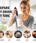 Woman using Automatic Milk Frother Wand for Lattes and Cappuccinos, Battery Operated Handheld Foam Maker, in kitchen setting