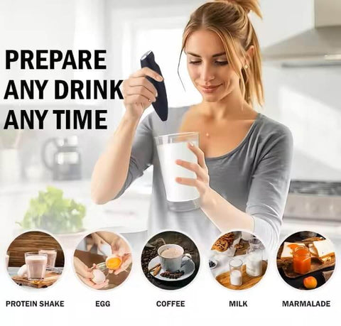 Woman using Automatic Milk Frother Wand for Lattes and Cappuccinos, Battery Operated Handheld Foam Maker, in kitchen setting