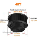 48 Tooth timing pulley with outer diameter 120.85mm and thickness 48/53mm for precise motion applications.