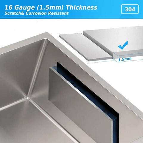 Close-up of Undermount 10 Inch Bar Prep Sink, 16 Gauge Stainless Steel corner detail showing thickness and durability.