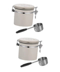 Solid Stainless Steel Coffee Bean Storage Jar Set With Airtight Lid To Keep Your Daily Grind Fresh, two beige canisters with measuring cup.