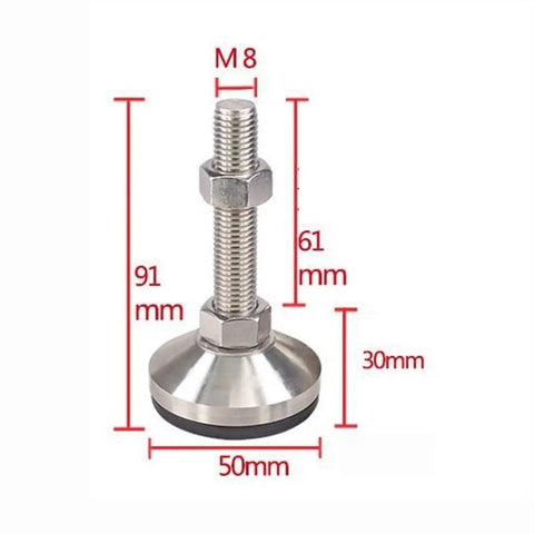 Four Pack 304 Stainless Steel Adjustable Leveling Feet With Swivel Cups For Cabinets Tables Chairs And Shelves Built To Last For Home Office Workshop And Industrial Gear Beefy Heavy Duty Floor Levelers, M8 50mm base, 91mm height