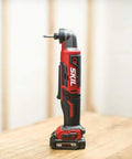 Two Tool Cordless Drill And Right Angle Impact Kit with 12V Brushless Power, side view of the right-angle impact driver on table.