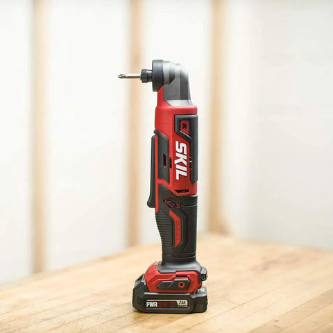 Two Tool Cordless Drill And Right Angle Impact Kit with 12V Brushless Power, side view of the right-angle impact driver on table.