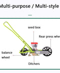 Diagram showing labeled parts of Metal Precision Garden Push Seeder With Five Row Capacity Walk Behind Cultivator And Seed Spreader