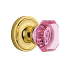 Old School Classic Rosette Double Dummy Waldorf Pink Door Knob in Polished Brass With Real Lead Crystal Accents on white background