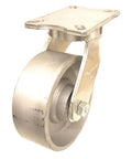 Heavy Duty Swivel Plate Caster Built Like A Tank With Kingpinless Design 5400 Lb Load Capacity 10 Inch Ductile Iron Wheels showing a steel swivel plate with a ductile iron wheel.