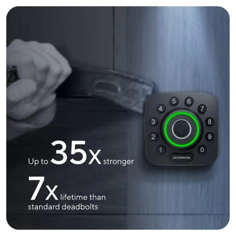 Image showing the Smart Lock With Door Sensor And 7 In 1 Keyless Entry, Fingerprint ID, Auto Unlock next to a hammer, highlighting durability.