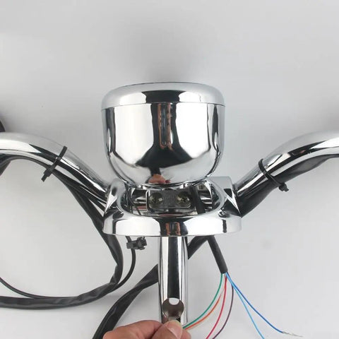 Kick It Up A Notch With This 72V Waterproof Ebike LCD Display Speedometer For 48-72V Scooters And Trikes Featuring 6 Pin Interface Bright Backlit Screen For Easy Night Riding And Crisp Data Reads chrome LCD speedometer on handlebar mount with wiring
