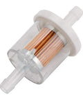 Clear view of a single 40 micron fuel filter from 12 Pack 40 Micron One Quarter Inch Inline Fuel Filter For Small Engines Kawasaki FH430V FH451V FH500V Compatible With Dirt Bike Street Motorcycle Lawn Mower Tractor And More.