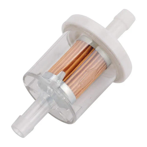Clear view of a single 40 micron fuel filter from 12 Pack 40 Micron One Quarter Inch Inline Fuel Filter For Small Engines Kawasaki FH430V FH451V FH500V Compatible With Dirt Bike Street Motorcycle Lawn Mower Tractor And More.