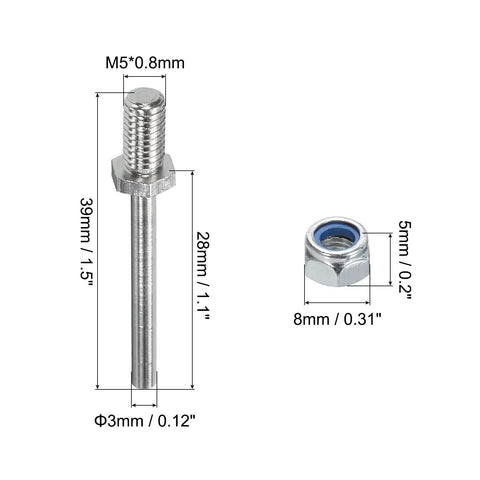 Pack Of 2 Beefy Heavy Duty RC Landing Gear Steel Axles One Eighth Inch Dia One And One Half Inch Total Length M5 Threaded Drive Shafts With Nuts For RC Airplane Hobby And Custom Builds, detailed dimensions shown.