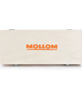 Heavy Duty Carbide Tipped Forstner Drill Bit Set Packs Sixteen Badass Sizes in wooden box with MOLLOM logo.