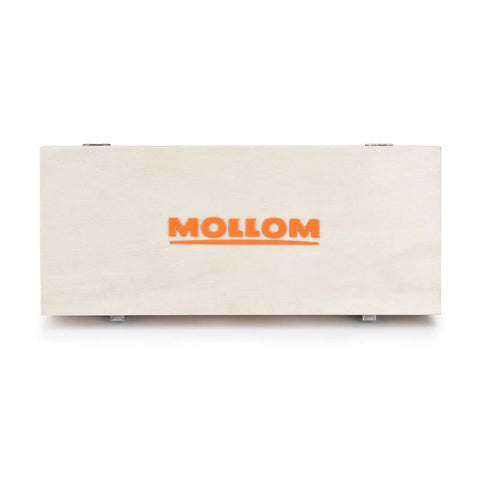 Heavy Duty Carbide Tipped Forstner Drill Bit Set Packs Sixteen Badass Sizes in wooden box with MOLLOM logo.