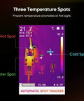 E1L Handheld Thermal Imaging Camera With Laser Pointer showing hot, cold, and center temperature spots on screen.