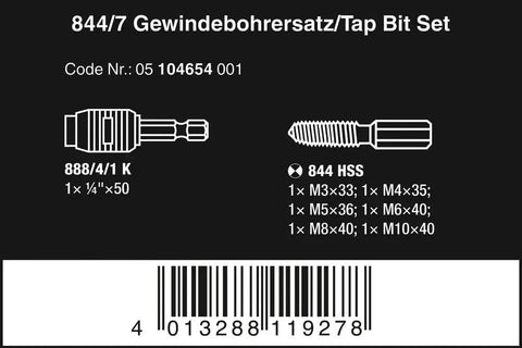 Label of 7 Piece Tap Bits Set With Rapidaptor Quick Change Technology showing bit sizes and bar code, Germany made