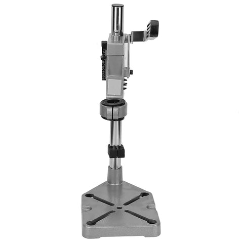 Adjustable Vertical Drill Stand With Universal Clamp for benchtop workbench use, compatible with 43mm or 38mm drills, front view