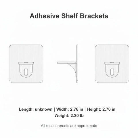 Stick On Shelf Brackets No Drill Wall Mounts For Closet And Cabinet Organization, 2-pack, side and front view, adhesive backing