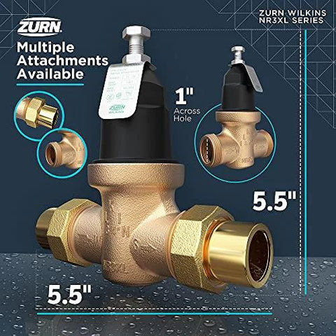 Front view of Zurn Wilkins NR3XL pressure reducing valve, brass body with double-union FNPT copper-sweat connections, 1 inch.