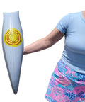 Inflatable Pick Axe Prop 33 Inch Wood And Silver Mining Tool For Party Decor And Themed Events held by person in blue shirt