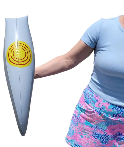Inflatable Pick Axe Prop 33 Inch Wood And Silver Mining Tool For Party Decor And Themed Events held by person in blue shirt