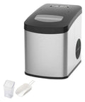 Countertop Ice Maker Machine With Premium Stainless Steel Body And Black Viewing Lid, compact size with included ice scoop.