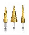Pro Grade High Speed Steel Titanium Step Drill Bit Set With Quick Change Quarter Inch Hex Shank Short Length For Hole Drilling 4 To 12 Mm And 4 To 20 Mm 3 Piece