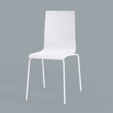 Modern white chair with sleek design and metal legs on a grey background.